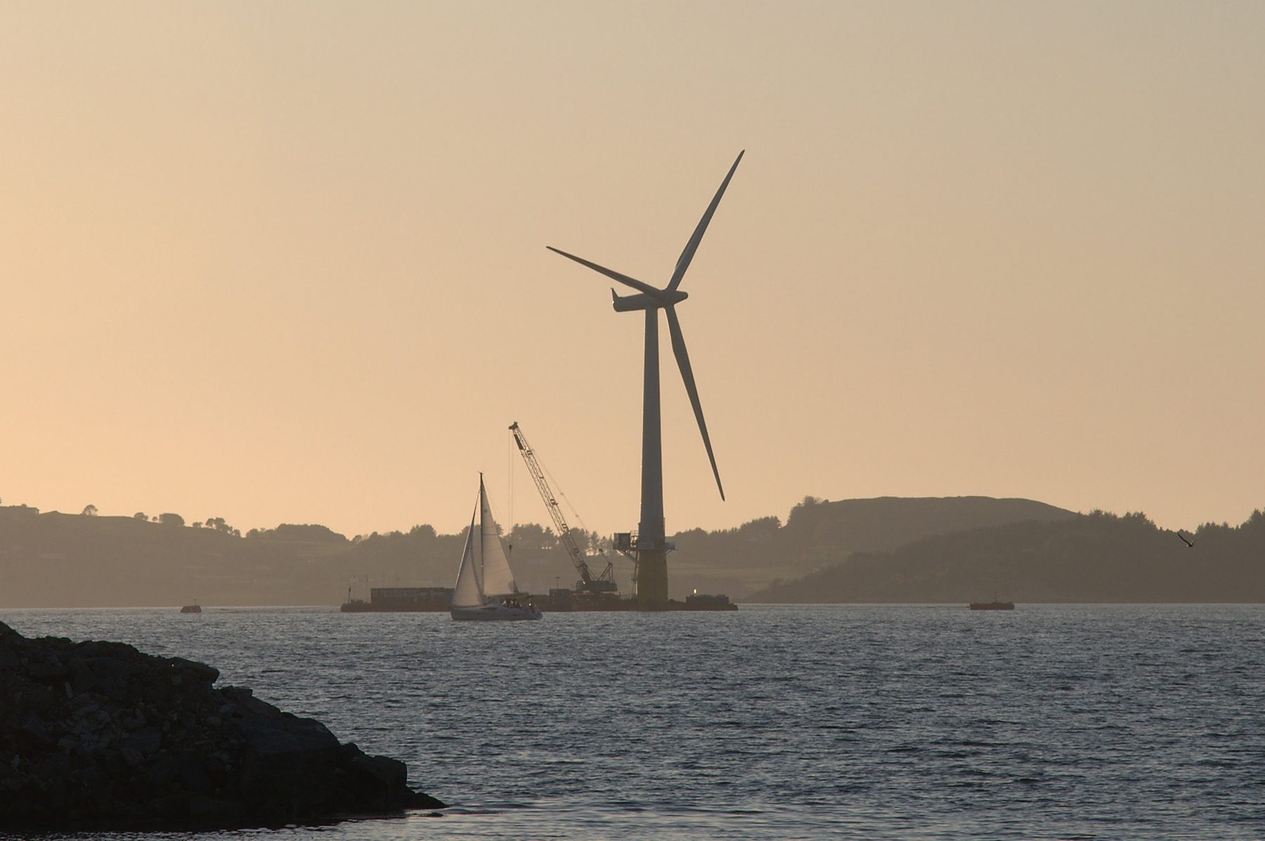 Floating offshore wind turbine being assembled